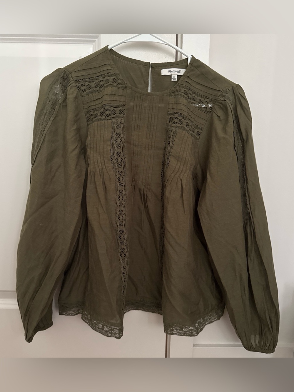 Madewell Olive Lace-Trim Pintuck Peasant Top